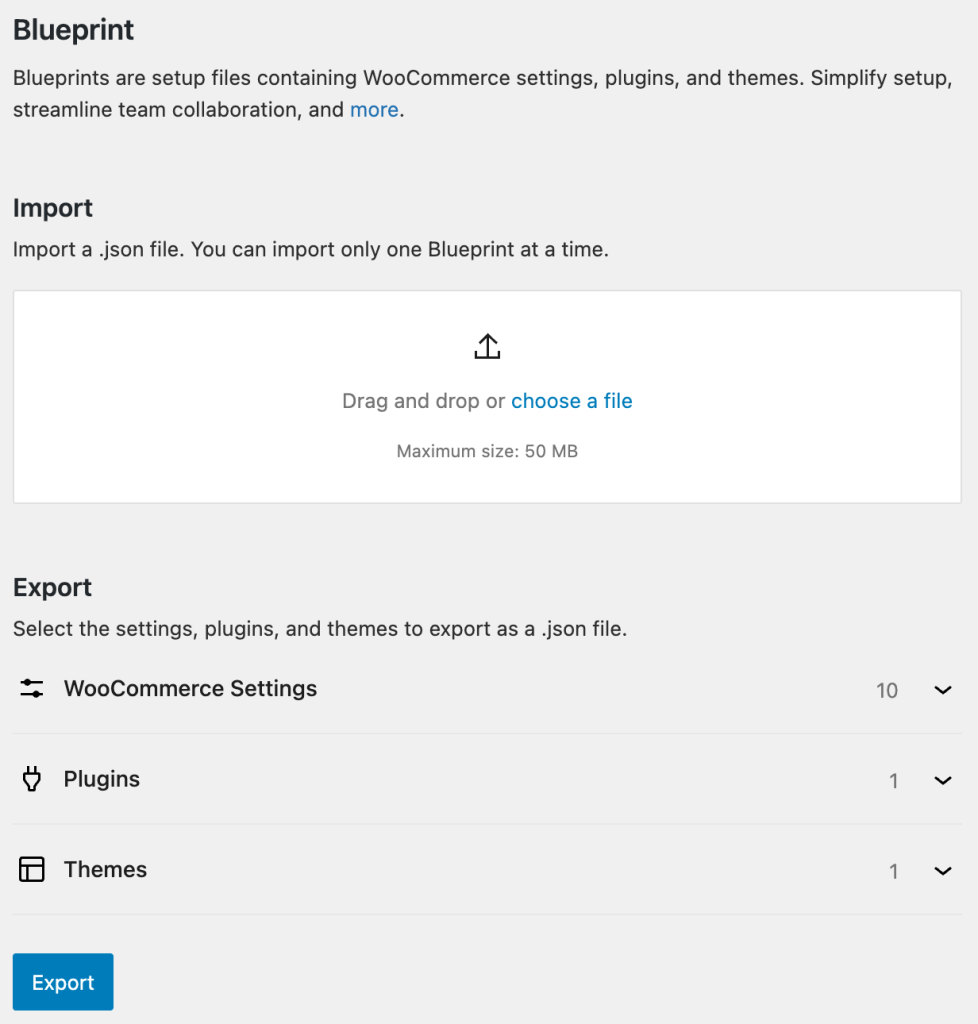 Screenshot of the WooCommerce Blueprint interface displaying options to import and export settings, plugins, and themes.